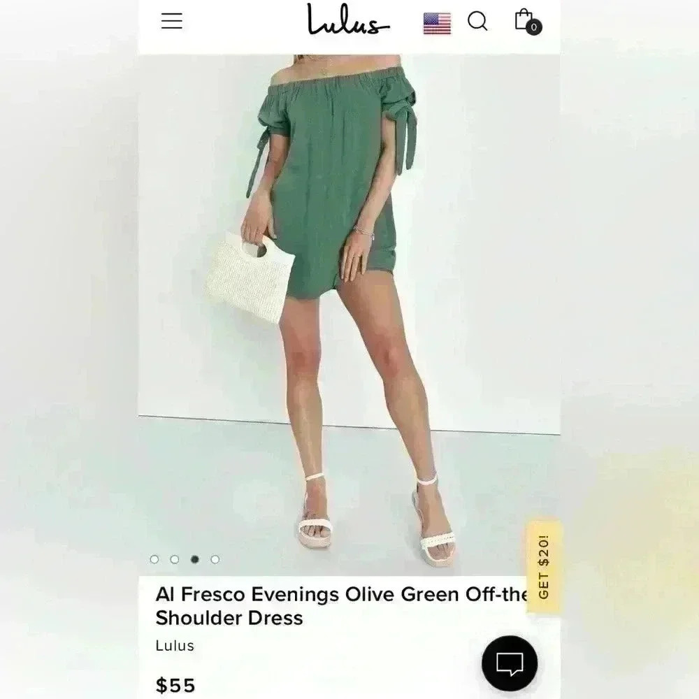 Lulus Al Fresco Evenings Green Off the Shoulder Shift Dress/top Tie Sleeve Sz M